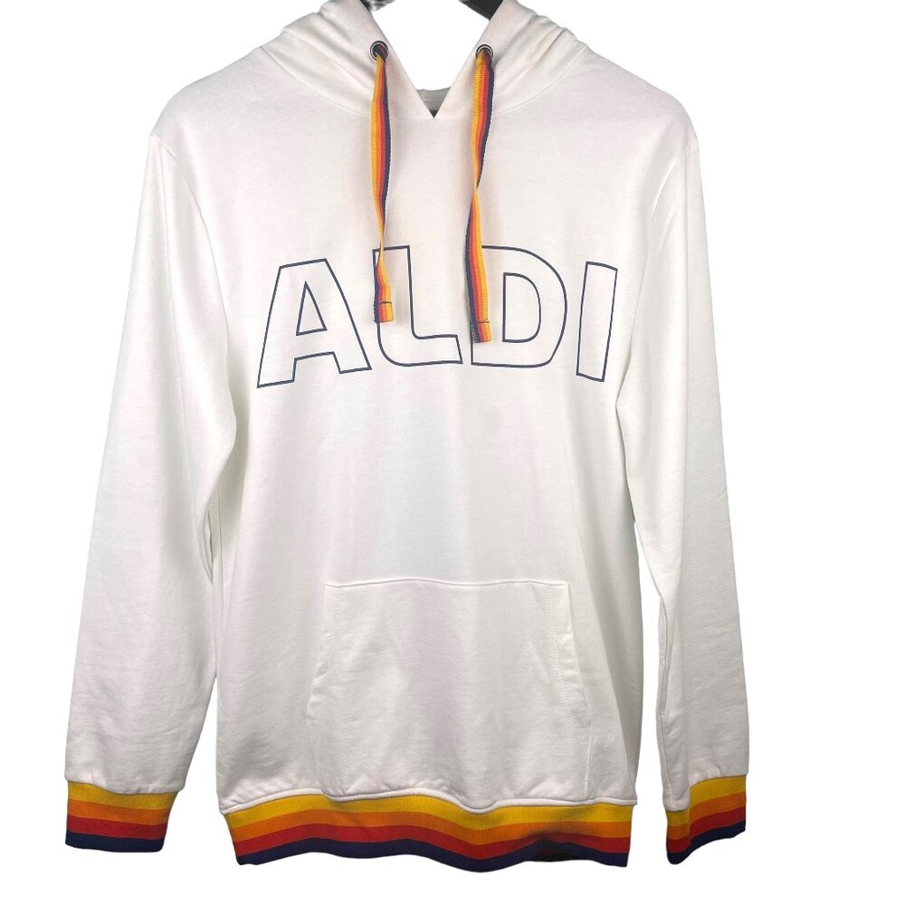 Aldi Gear WHITE LOGO Hooded Sweatshirt Hoodie SZ SMALL UNISEX PULLOVER Stripes